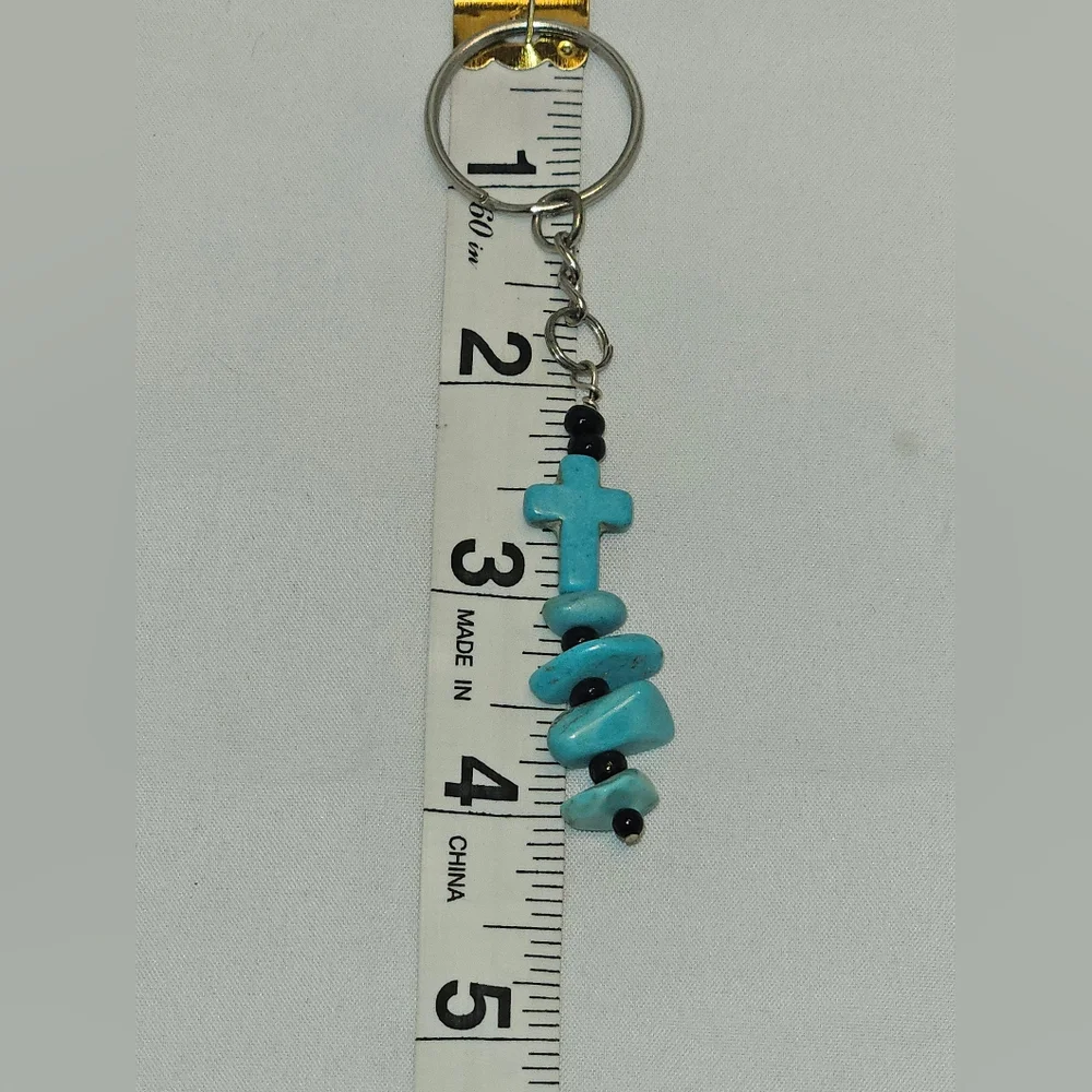 Turquoise Cross Stone Black Beaded Keychain, Keyring